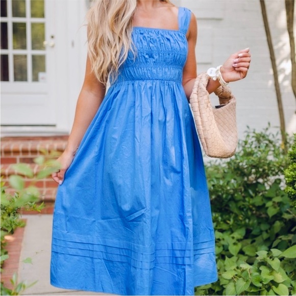 PINCH Royal Blue Ruched Tank Midi Dress Milkmaid Cottagecore Size L - Picture 14 of 15